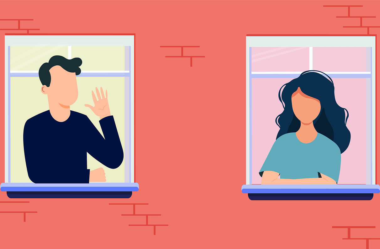 Illustration of two neighbors talking to each other from their windows