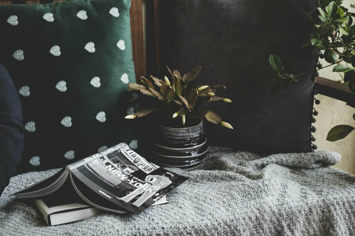 Reading nook with book and plant