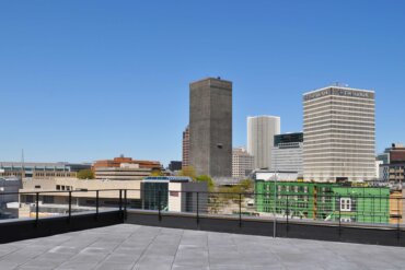 A photo of downtown Rochester and Buildings B and A, which are currently under construction.