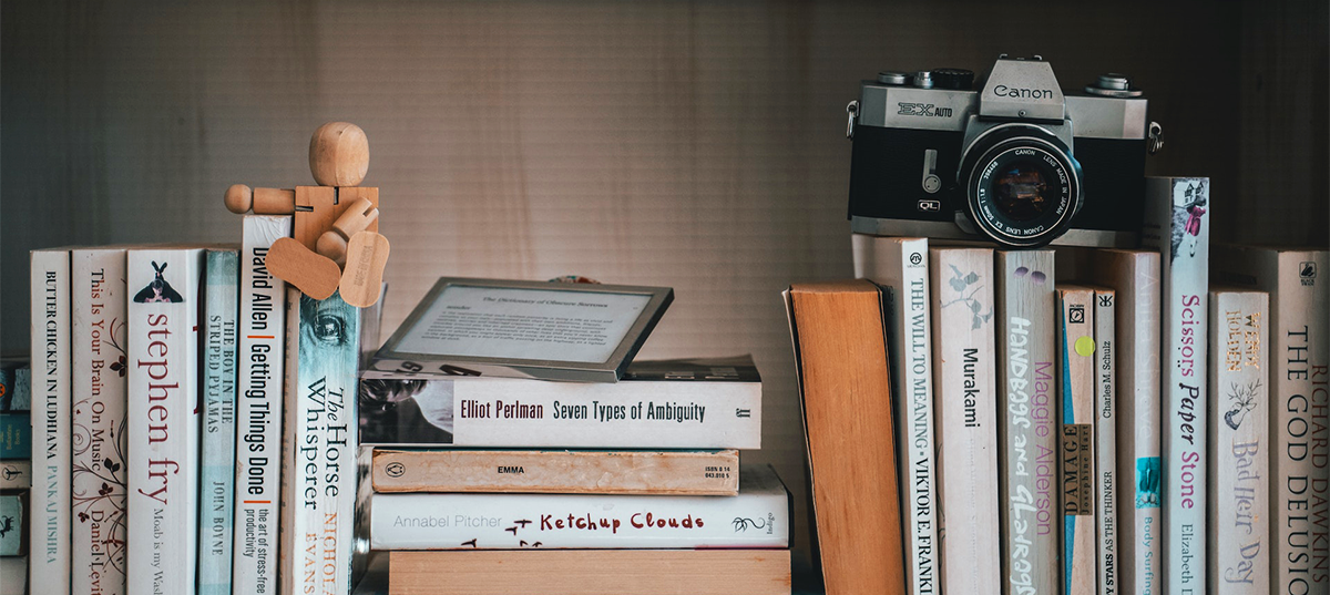 Bookshelf with a vintage 35mm camera and a small wooden figurine. Image credit: Taryn Elliott.