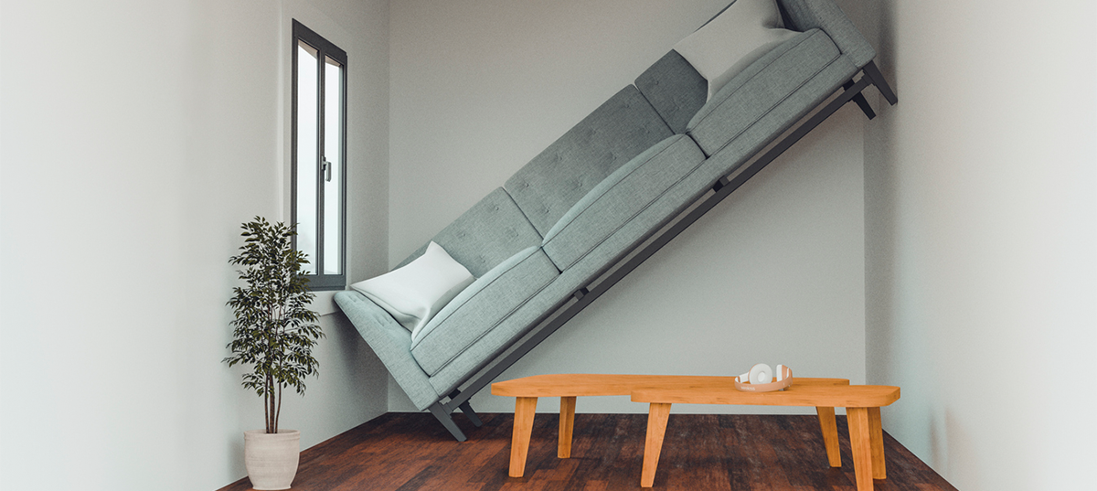 Living room with a couch that's too long to fit. Image credit: mikkelwilliam