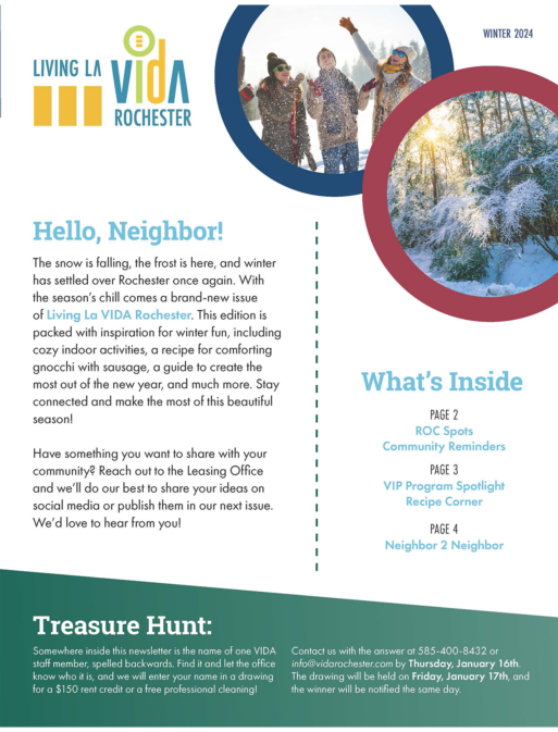 Cover of winter newsletter with text, 3 people in snow gear, and a scenic image of a winter scape