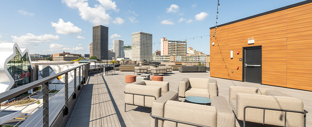 Rooftop deck of VIDA overlooking downtown Rochester